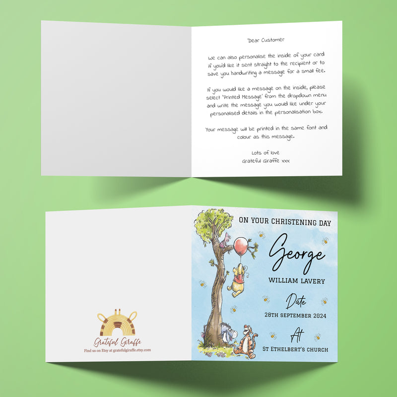 Personalised Classic Winnie The Pooh Baptism, Christening, Naming Day Card - Son, Godson, Nephew Boy Gift