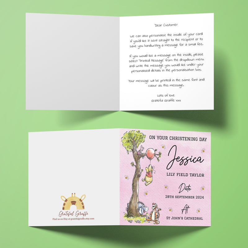 Personalised Classic Winnie The Pooh Baptism, Christening, Naming Day Card - Granddaughter, Goddaughter, Niece Girl Gift