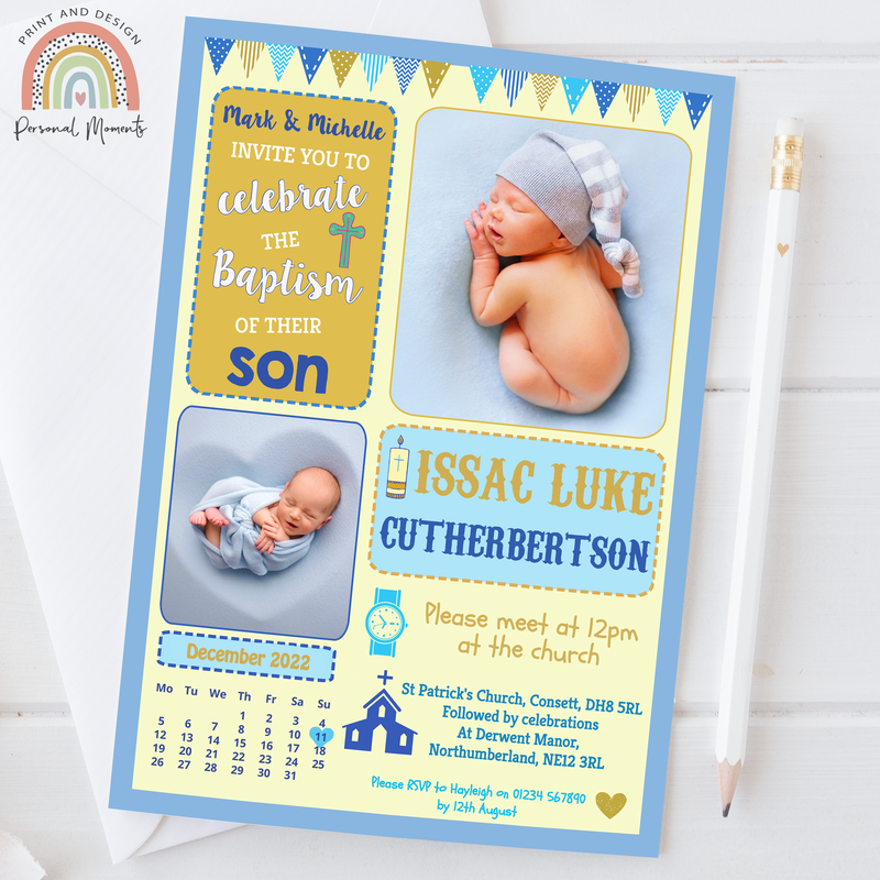 Personalised Boy’s Baptism Invitation with Photos - Blue Themed Christening Invite