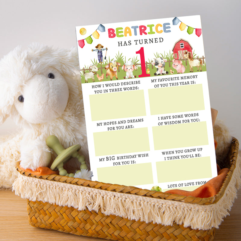 Personalised Farmyard First Birthday Time Capsule Cards with Envelopes - Colourful Keepsake Game, Customisable 1st Birthday Party Activity