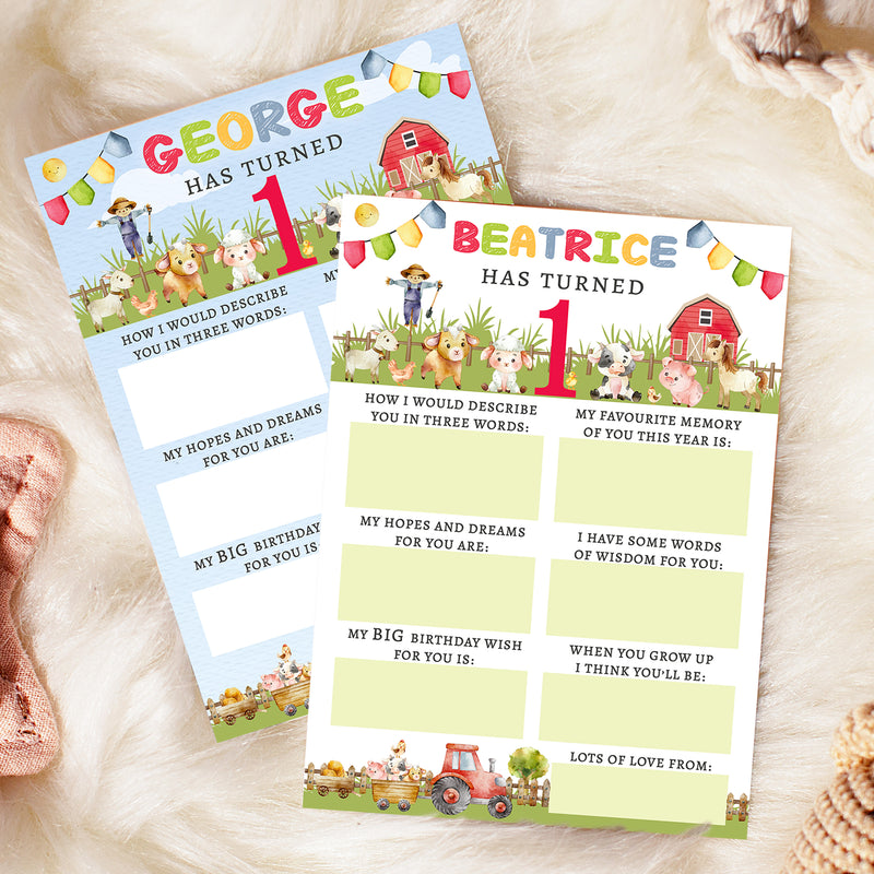 Personalised Farmyard First Birthday Time Capsule Cards with Envelopes - Colourful Keepsake Game, Customisable 1st Birthday Party Activity