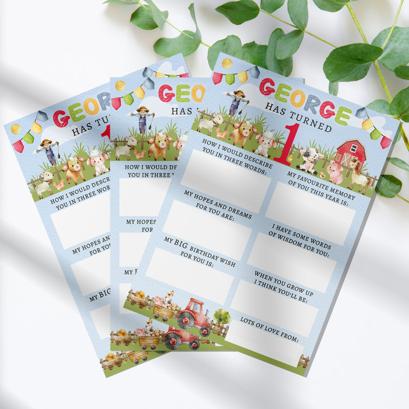 Personalised Farmyard First Birthday Time Capsule Cards with Envelopes - Colourful Keepsake Game, Customisable 1st Birthday Party Activity
