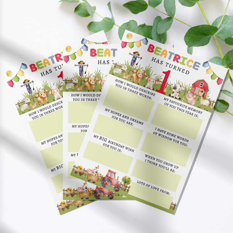 Personalised Farmyard First Birthday Time Capsule Cards with Envelopes - Colourful Keepsake Game, Customisable 1st Birthday Party Activity