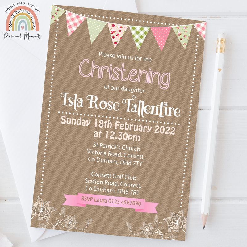 Vintage Pink Bunting Christening Invitation - Personalised Baptism Invite for Girls