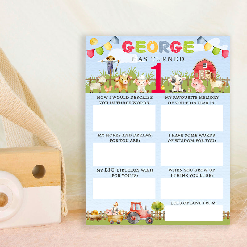 Personalised Farmyard First Birthday Time Capsule Cards with Envelopes - Colourful Keepsake Game, Customisable 1st Birthday Party Activity