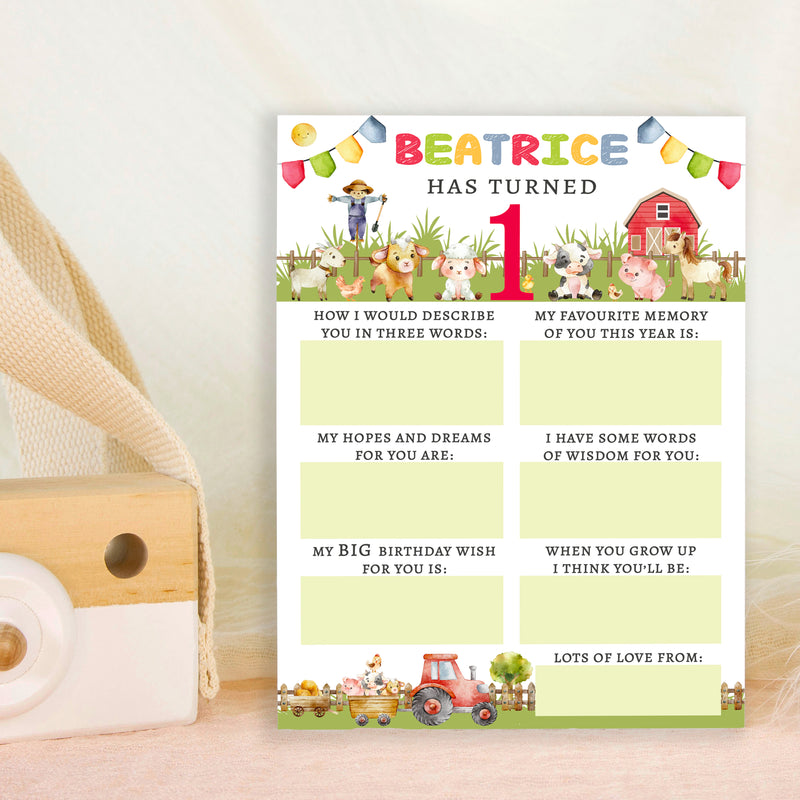 Personalised Farmyard First Birthday Time Capsule Cards with Envelopes - Colourful Keepsake Game, Customisable 1st Birthday Party Activity
