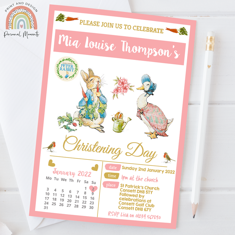 Personalised Beatrix Potter Christening Invitation - Pink Floral Peter Rabbit Design