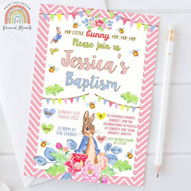 Personalised Peter Rabbit Girl's Baptism Invitation - Pink Floral & Bunting Design