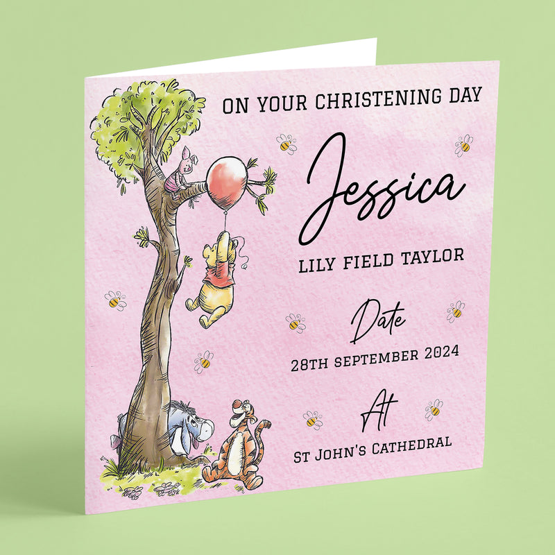 Personalised Classic Winnie The Pooh Baptism, Christening, Naming Day Card - Granddaughter, Goddaughter, Niece Girl Gift