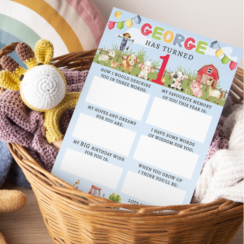 Personalised Farmyard First Birthday Time Capsule Cards with Envelopes - Colourful Keepsake Game, Customisable 1st Birthday Party Activity