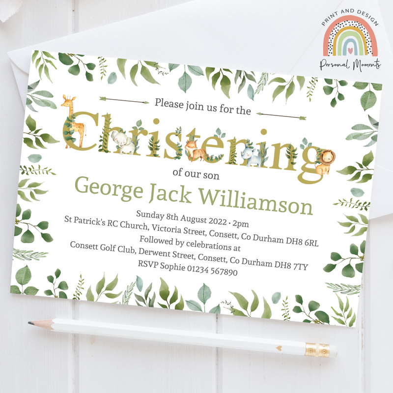 Personalised Safari Animals Christening Invitations - Custom Jungle Themed Invites