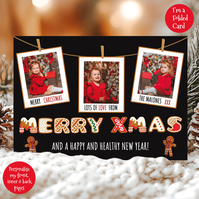 a christmas card with a picture of a boy and a gingerbread man