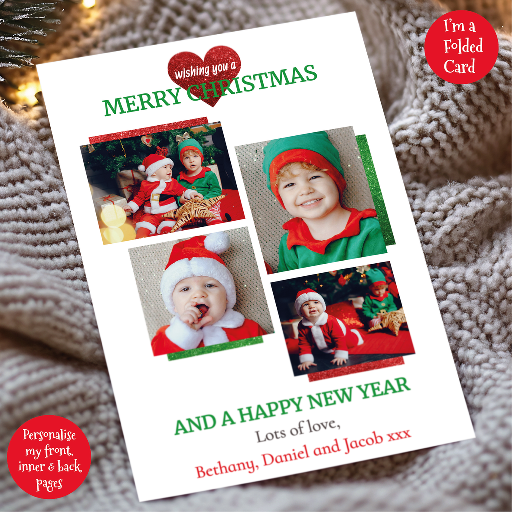 a christmas card with three photos of a baby