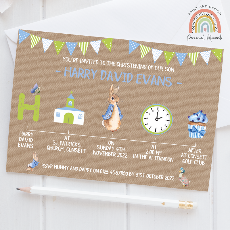 Custom Peter Rabbit Boy's Christening Invitation - Vintage Bunting Design