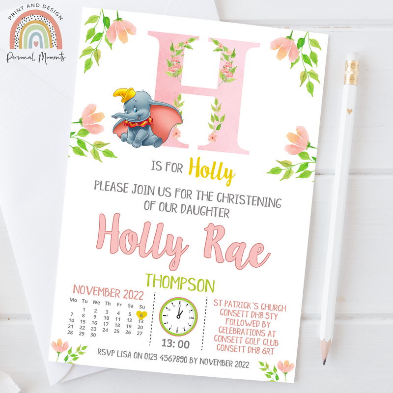 Personalised Pink Dumbo Christening Invitation - Disney-Themed Floral Design