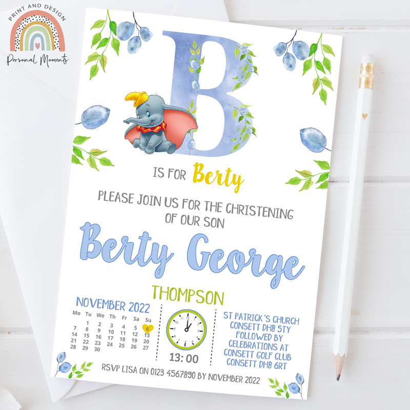 Personalised Boy's Dumbo Christening Invitation - Botanical Elephant Blue Design
