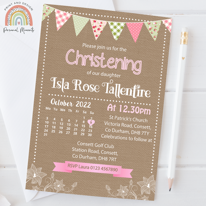 Personalised Rustic Vintage Girl's Christening Invitation with Bunting and Calendar