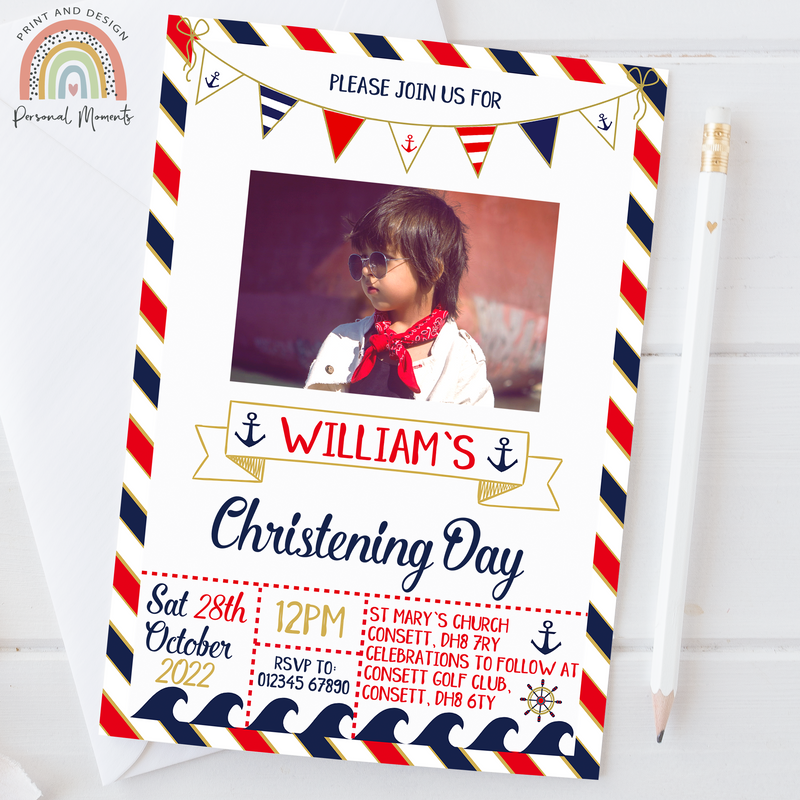 Nautical Sailor Boy Christening Invitation - Personalised, Red & Navy Theme with Photo