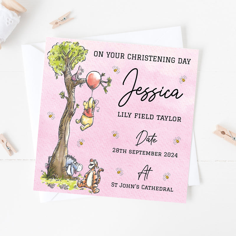 Personalised Classic Winnie The Pooh Baptism, Christening, Naming Day Card - Granddaughter, Goddaughter, Niece Girl Gift