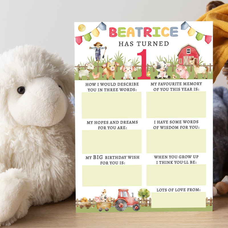 Personalised Farmyard First Birthday Time Capsule Cards with Envelopes - Colourful Keepsake Game, Customisable 1st Birthday Party Activity