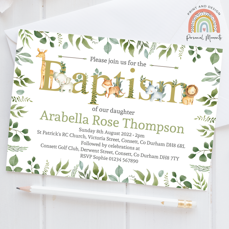 Personalised Safari Animals Baptism Invitations - Jungle Themed Invites