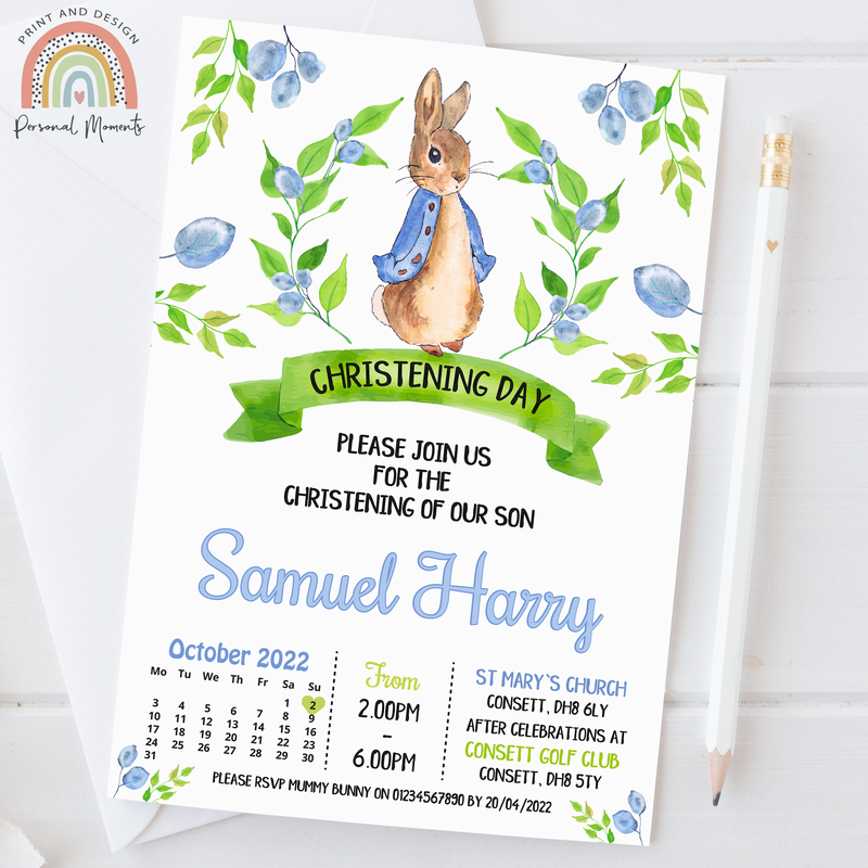 Personalised Peter Rabbit Christening Invitations - Boy's Baptism & Naming Day Cards with Botanical Design