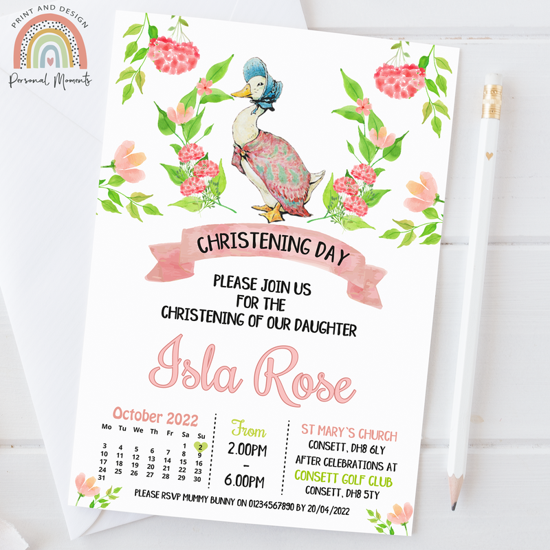 Personalised Jemima Puddleduck Christening Invitation | Peter Rabbit Pink Floral Baptism & Naming Day Invite