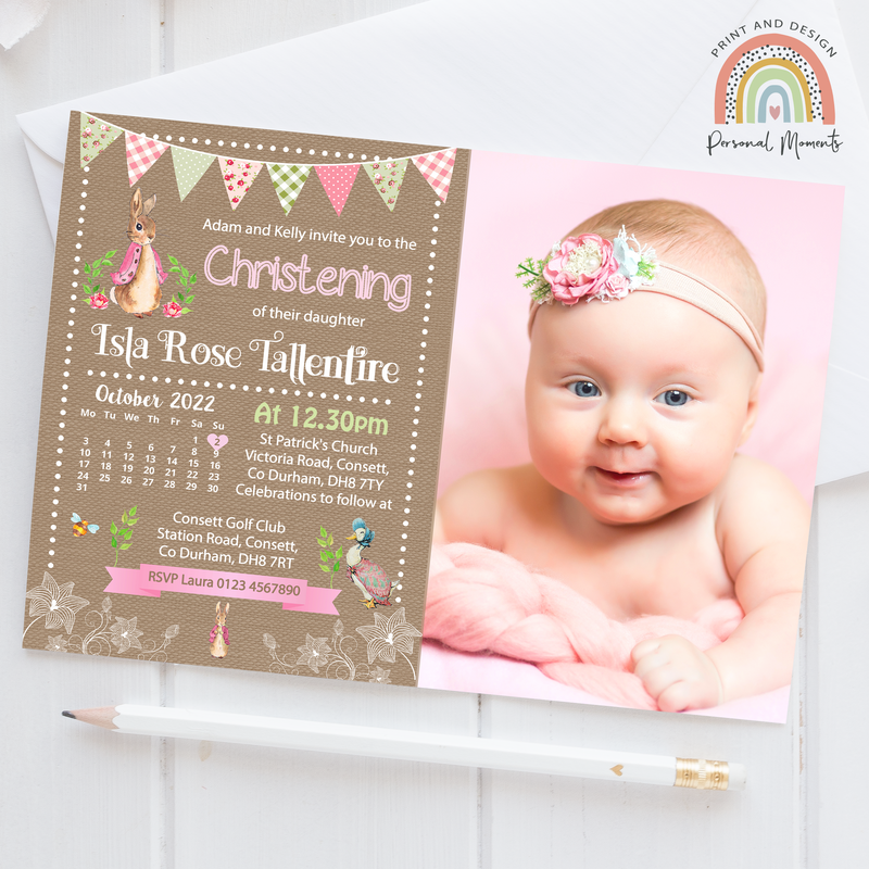 Personalised Photo Flopsy Bunny Christening Invitation | Rustic Vintage Floral Peter Rabbit Theme