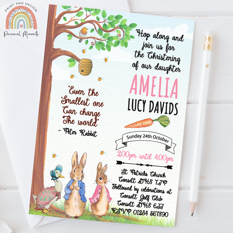 Personalised Peter Rabbit, Flopsy Bunny Christening Invitation - Pink Garden Theme