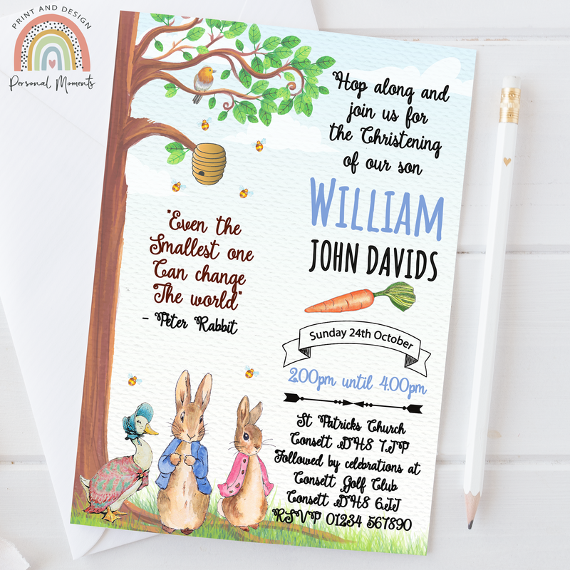 Personalised Peter Rabbit Christening Invitation - Blue Garden Theme
