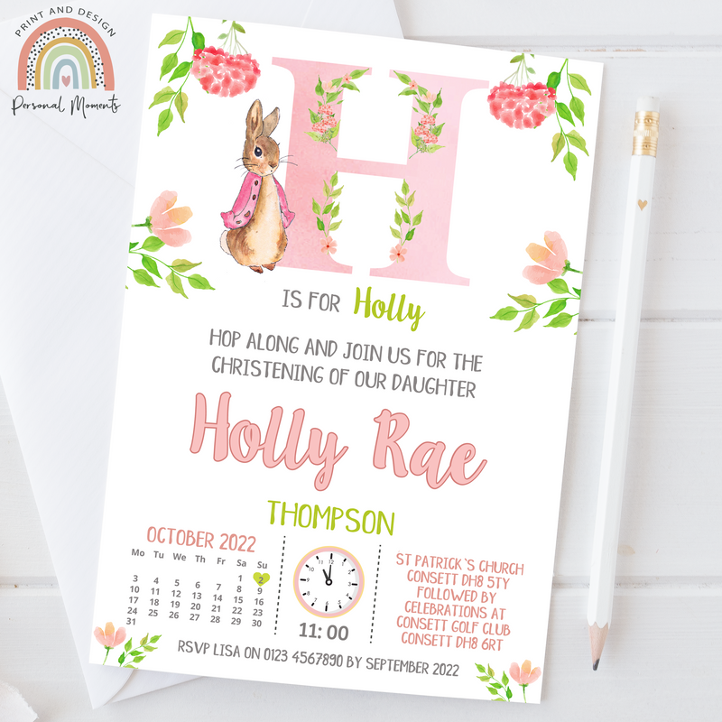 Personalised Flopsy Bunny Peter Rabbit Christening Invite | Floral Botanical Theme with Initial