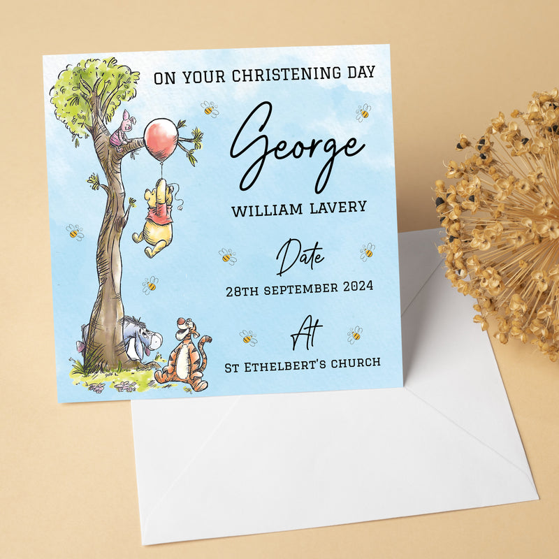 Personalised Classic Winnie The Pooh Baptism, Christening, Naming Day Card - Granddaughter, Goddaughter, Niece Girl Gift