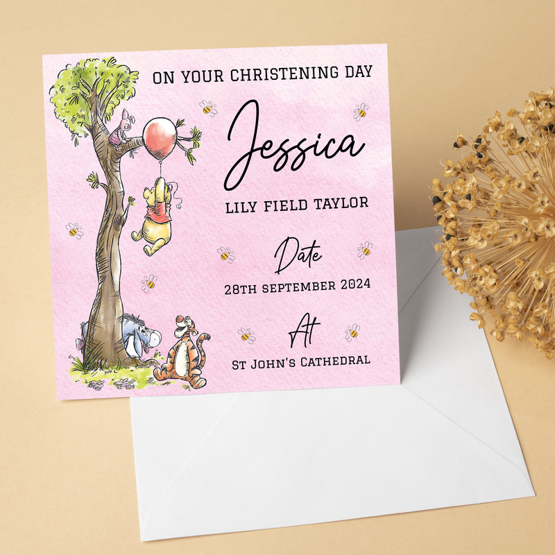 Personalised Classic Winnie The Pooh Baptism, Christening, Naming Day Card - Granddaughter, Goddaughter, Niece Girl Gift