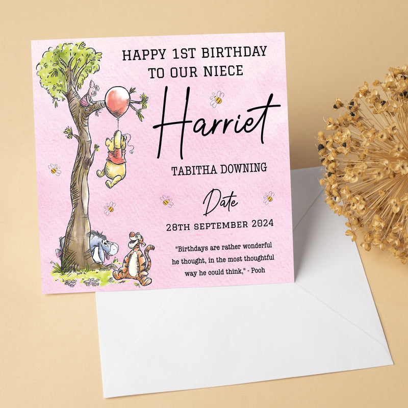 Personalised Classic Winnie The Pooh 1st Birthday Card - Daughter, Granddaughter, Niece, Goddaughter Gift