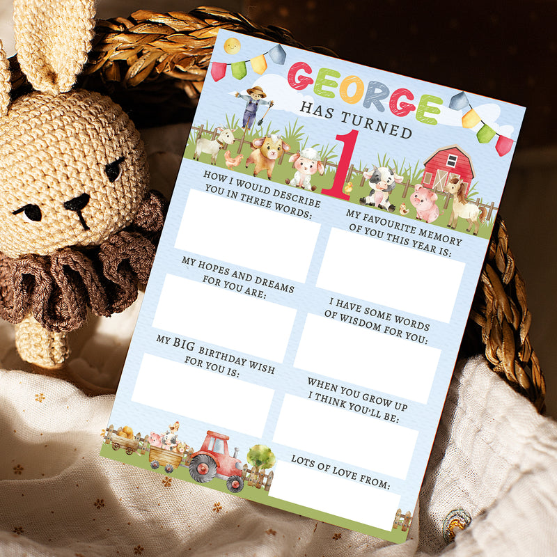Personalised Farmyard First Birthday Time Capsule Cards with Envelopes - Colourful Keepsake Game, Customisable 1st Birthday Party Activity