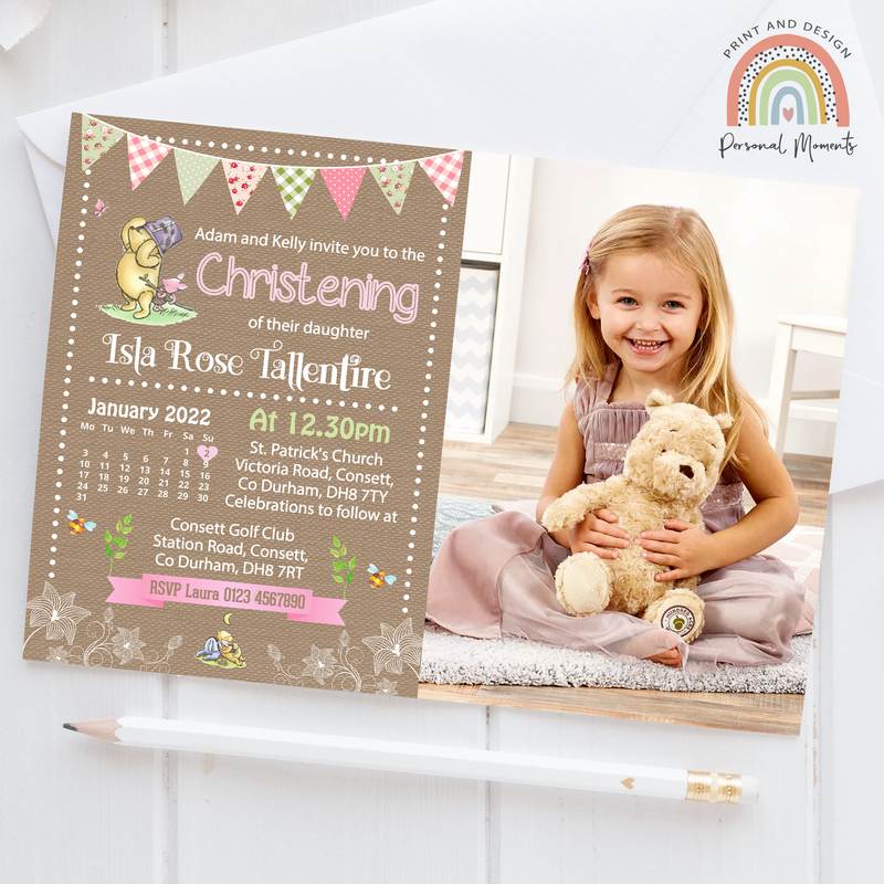 Personalised Classic Pooh Bear Invitations - Pink Floral Christening, Naming Day, Baptism Photo Invites for Girls
