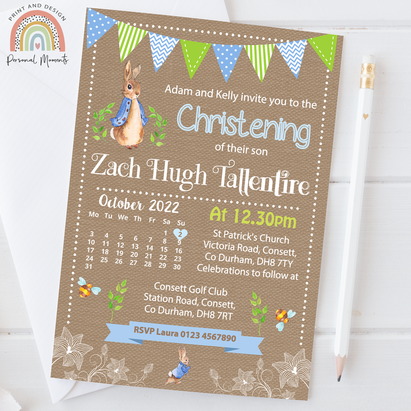 Personalised Peter Rabbit Christening Invitation | Botanical Rustic Theme with Calendar