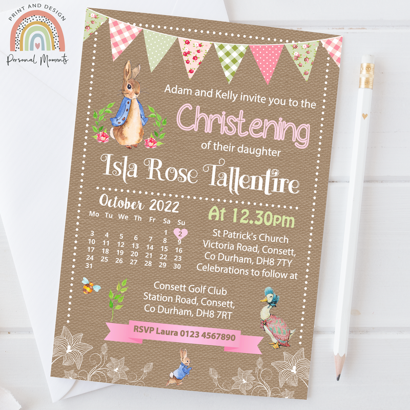 Personalised Peter Rabbit Christening Invitation | Floral Rustic Theme with Calendar