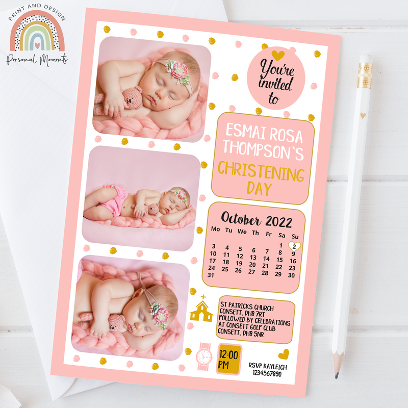 Personalised Photo Christening Invitation | Pink & Gold Polka Dot Theme