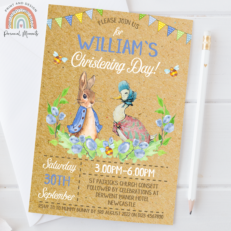 Personalised Vintage Peter Rabbit Christening Invitation | Botanical Rustic Theme with Bunting