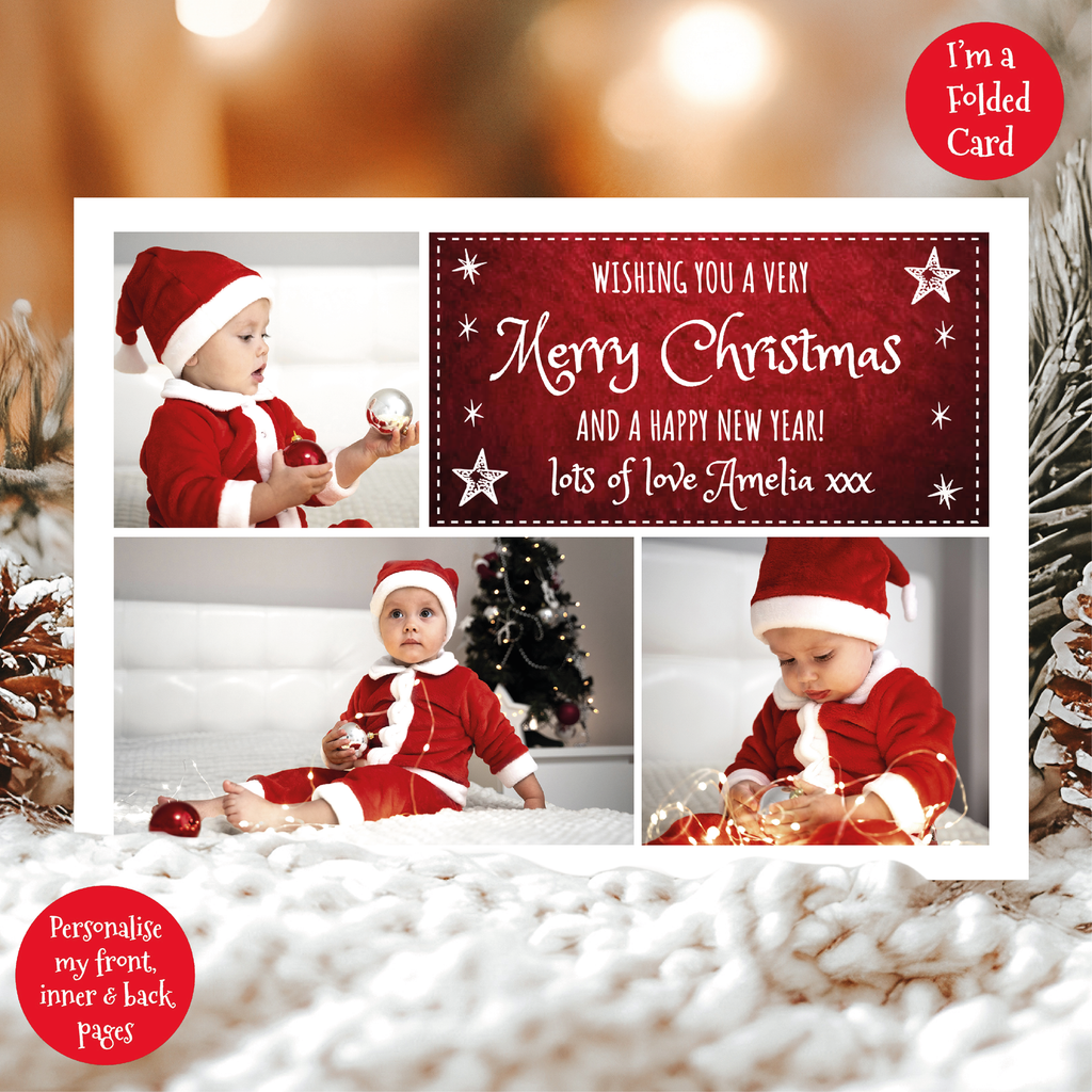 a christmas card with a photo of a baby wearing a santa hat