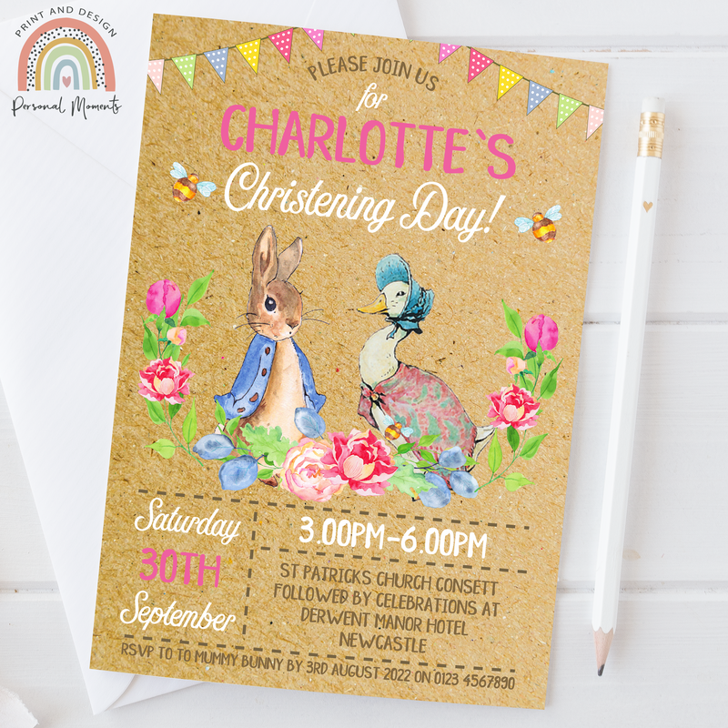 Personalised Girls Peter Rabbit Christening Invitation | Pink Vintage Theme with Bunting