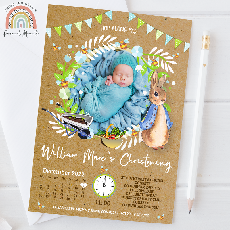 Personalised Peter Rabbit Christening Invitation | Rustic Vintage Botanical with Photo