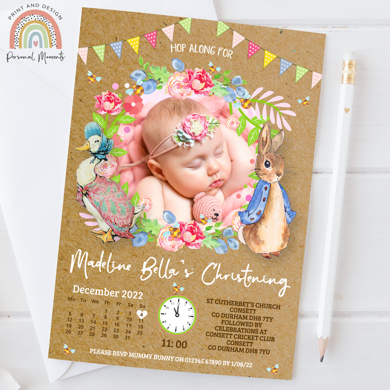 Personalised Peter Rabbit Christening Invitation | Pink Rainbow Floral & Botanical Invite with Photo