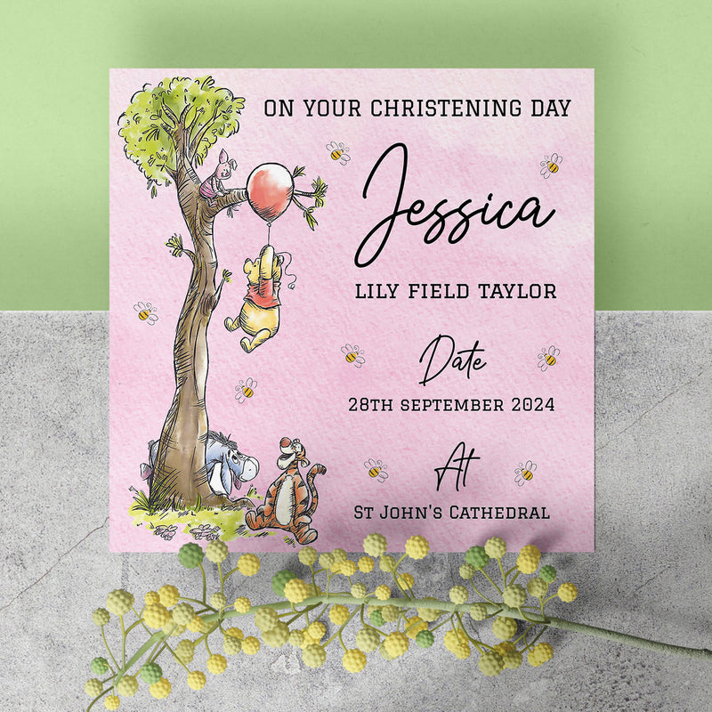 Personalised Classic Winnie The Pooh Baptism, Christening, Naming Day Card - Granddaughter, Goddaughter, Niece Girl Gift