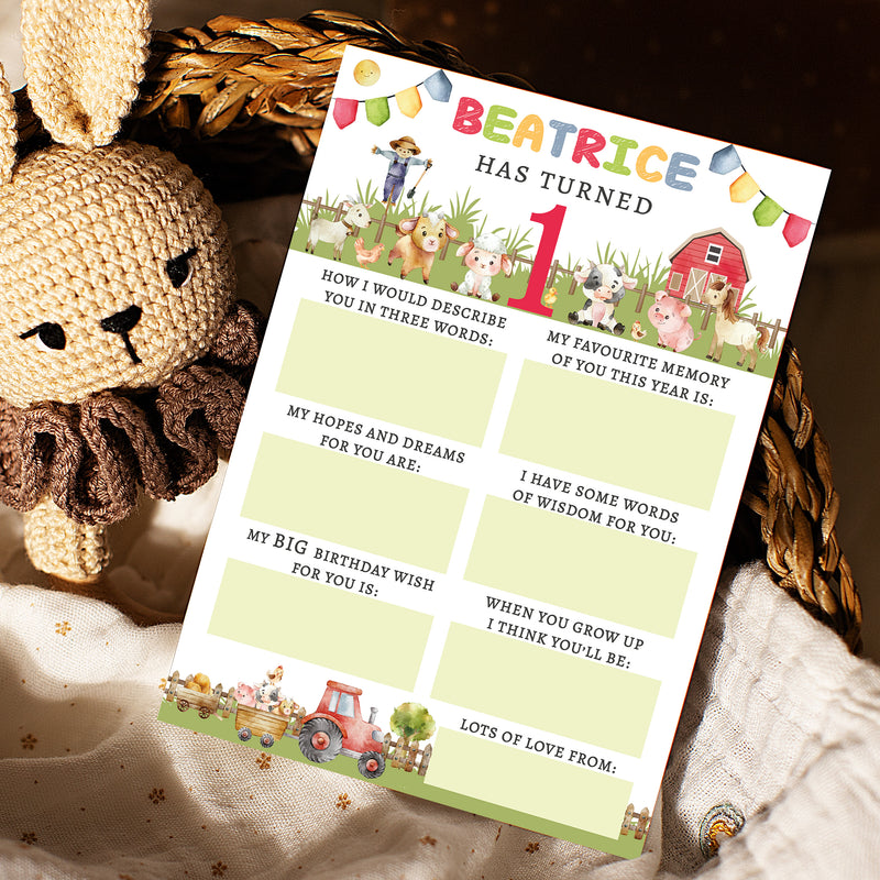 Personalised Farmyard First Birthday Time Capsule Cards with Envelopes - Colourful Keepsake Game, Customisable 1st Birthday Party Activity