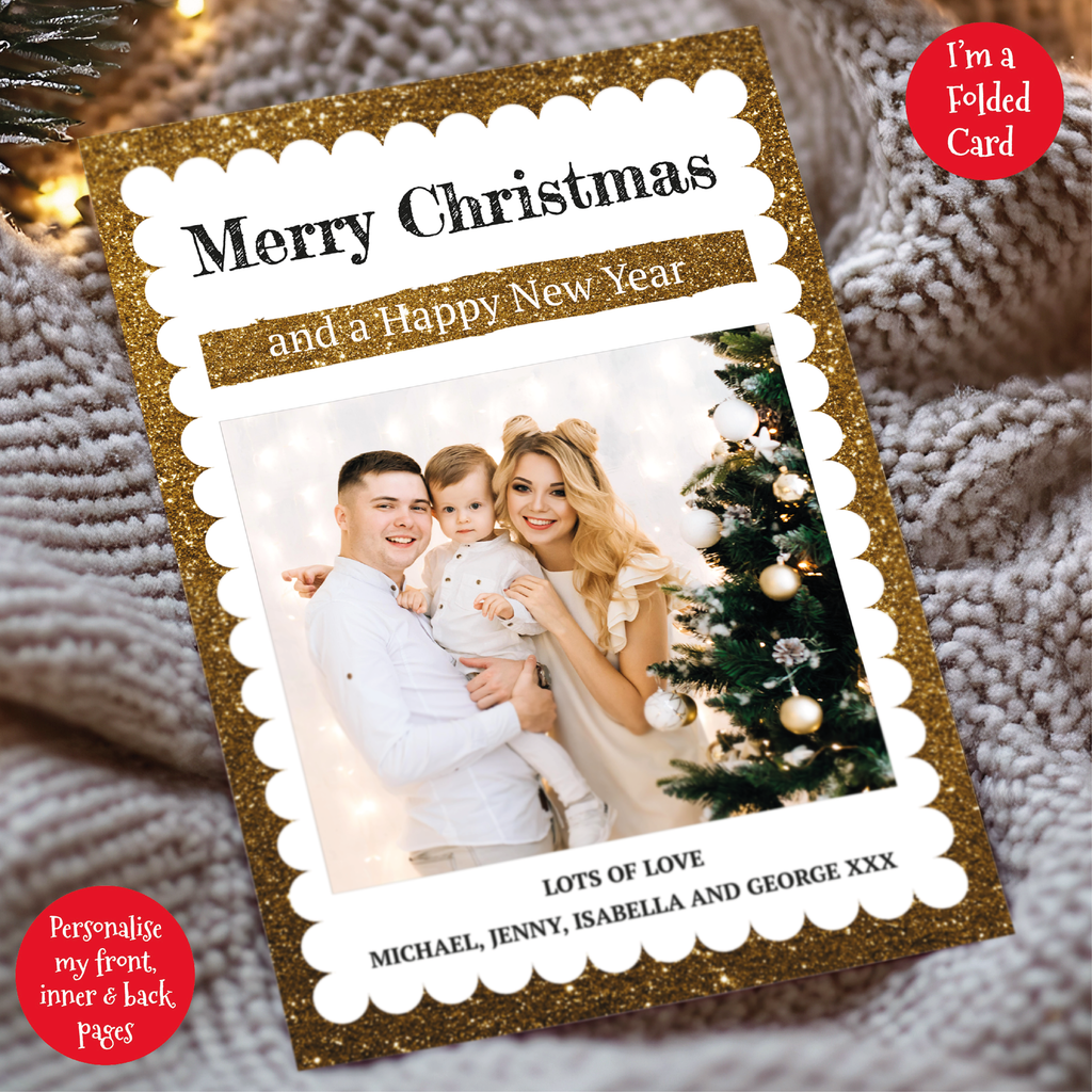 a christmas card with a photo of a couple and a christmas tree