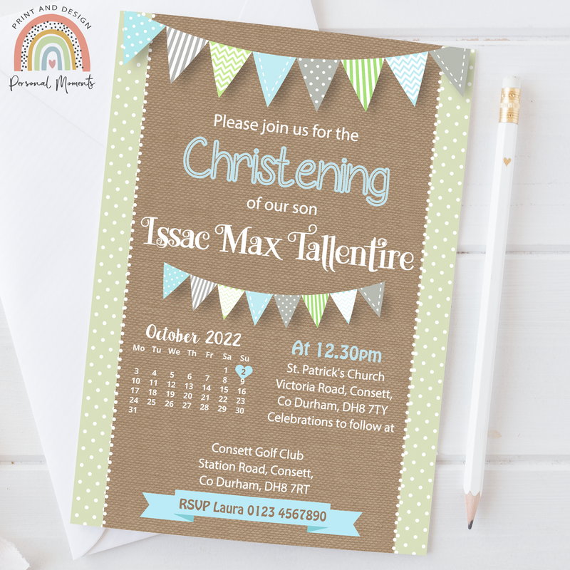 Personalised Vintage Rustic Christening Invitation | Boy's Baptism Invite Calendar Design