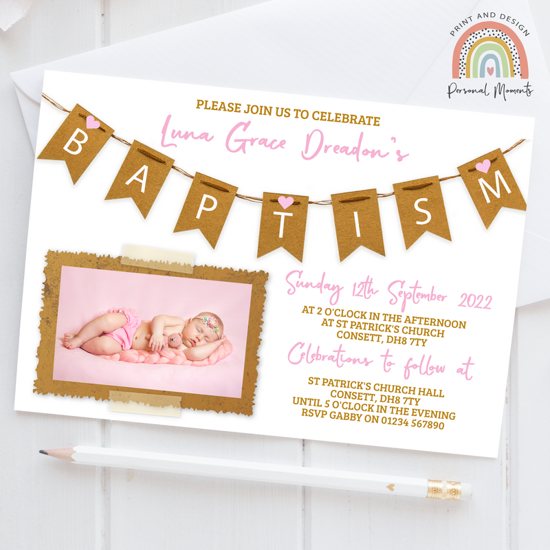 Personalised Pink Vintage Baptism Invitation | Rustic Baptism Bunting Invite with Photo