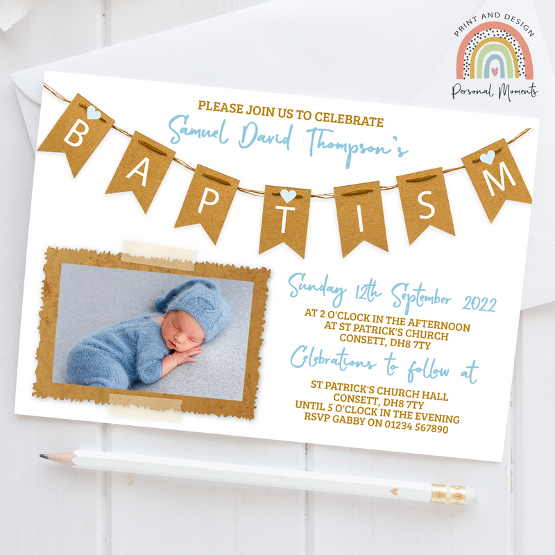Personalised Blue Vintage Baptism Invitation | Rustic Baptism Bunting Invite with Photo